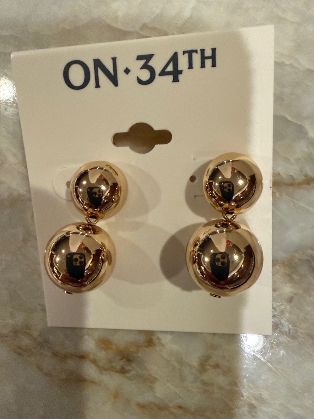 On 34th NWT  Gold Double Ball Drop Earrings